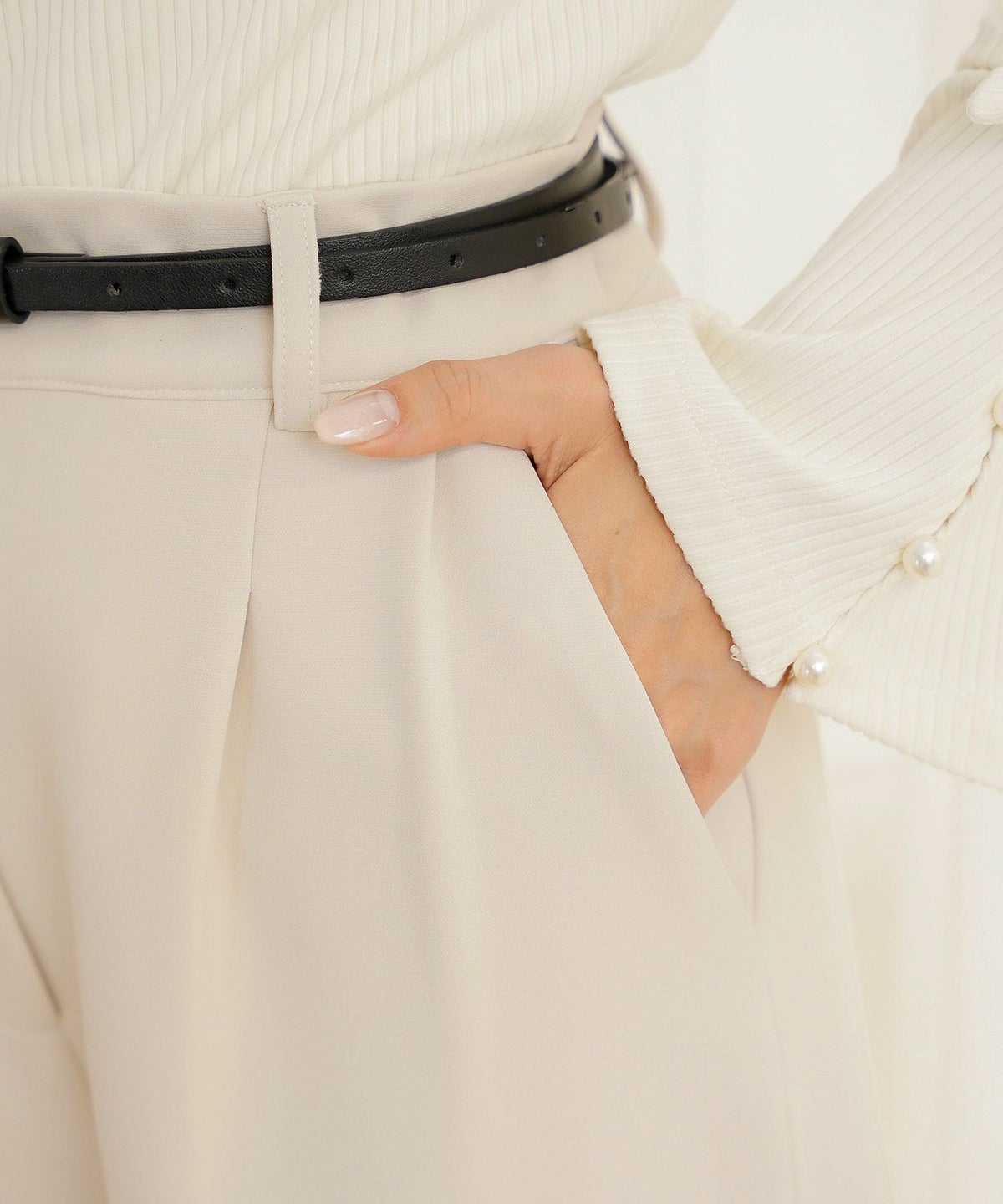 ボトムス パンツ ワイドパンツ ベルト付き ポケット 高身長向け 脚長 体型カバー センタープレス