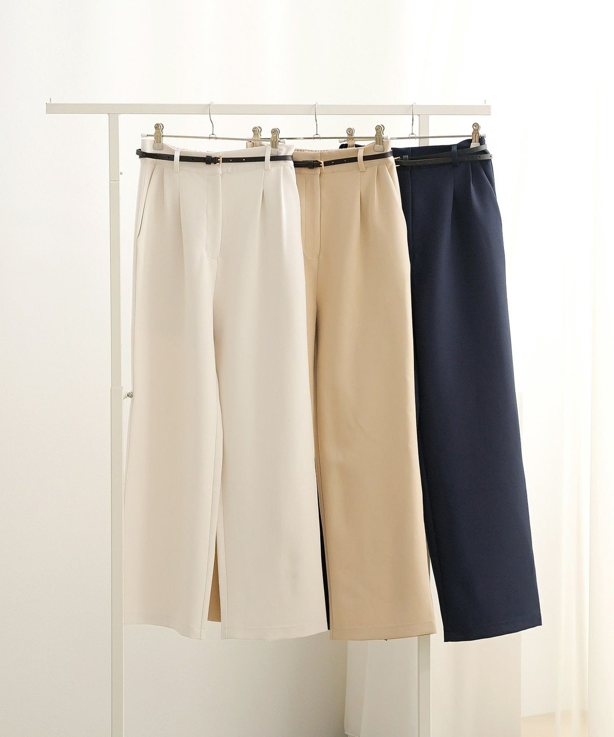 ボトムス パンツ ワイドパンツ ベルト付き ポケット 高身長向け 脚長 体型カバー センタープレス