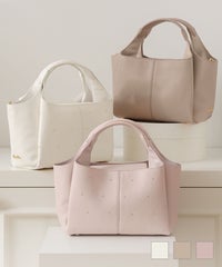 小物 バッグ スタッズ ショルダー ハンドル 底鋲 合皮 フェイクレザー 仕分け 仕切り 収納 ポケット フタ 配色 オールシーズン フェミニン 上品 エレガント 可愛い スタッズ オーバル バッグ le reve vaniller