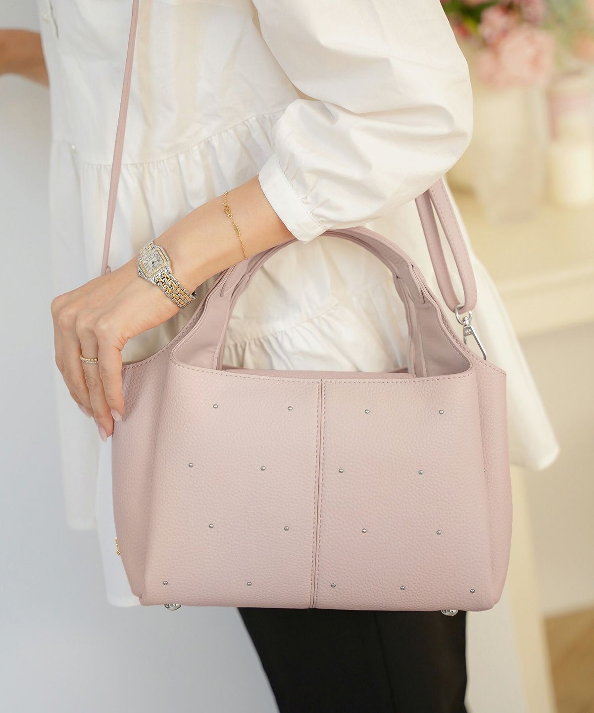 小物 バッグ スタッズ ショルダー ハンドル 合皮 仕分け ポケット