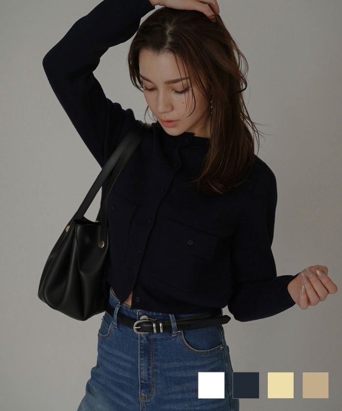 スタイルアップ オフィス 万能トップス 着回し インナーニット オシャレ 無地 女性らしい モテコーデ デートコーデ 大人 あざと可愛い 肌見せ 韓国風 綺麗め 細見え カジュアル スタイル盛れ KINO THE KEI フラップポケット コットンニット カーディガン KINO THE KEI