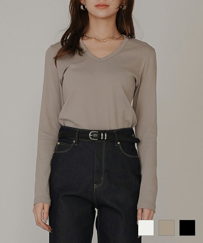 ランニング ウォーキング 通勤 通学 ベーシック タイトシルエット スリット入り リブ カジュアル エレガント 海外系 きれいめ 韓国風 韓国系 スタイル盛れ KINO THE KEI レディ Vネック フライス カットソー プルオーバー KINO THE KEI