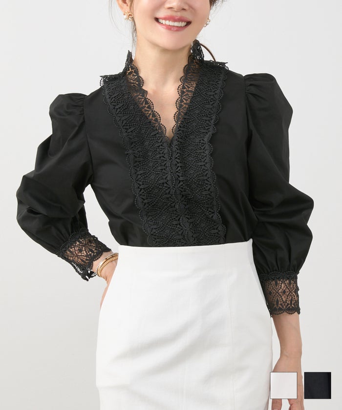 手洗い可 オケージョン 大人可愛い 上品 きれいめ オフィス 大人カジュアル フェミニン 白黒 ジョイントスペース 襟ぐり レース パフ袖 ブラウス Liala×PG
