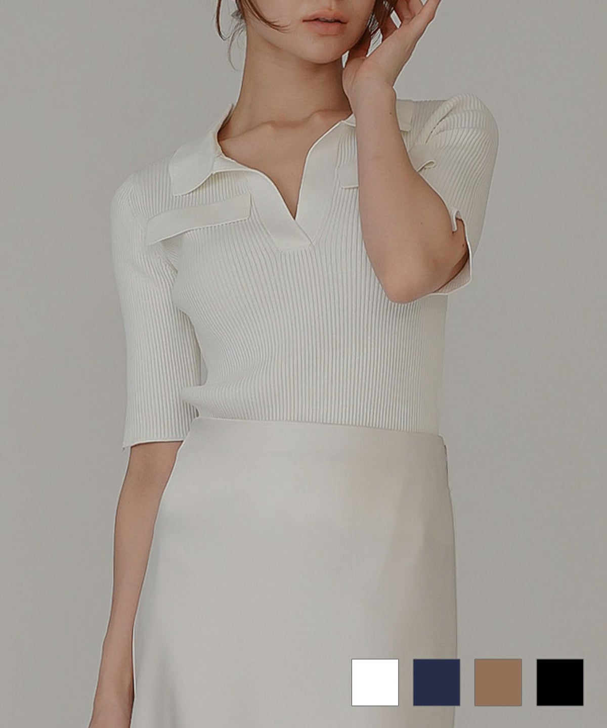 快適 無地 Tシャツ風 ニットポロ 上品 体型カバー 大人女子 夏服 海外系 きれいめ 韓国風 韓国系 スタイル盛れ KINO THE KEI リブニット ポロシャツ KINO THE KEI