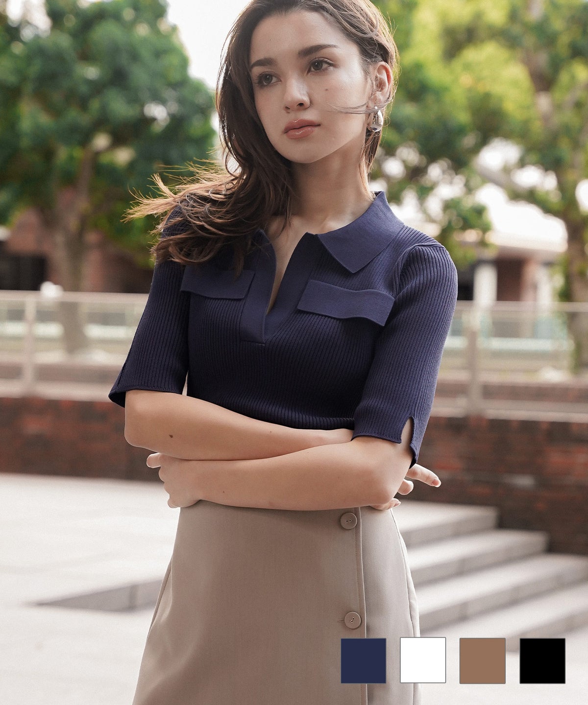 快適 無地 Tシャツ風 ニットポロ 上品 体型カバー 大人女子 夏服 海外系 きれいめ 韓国風 韓国系 スタイル盛れ KINO THE KEI リブニット ポロシャツ KINO THE KEI