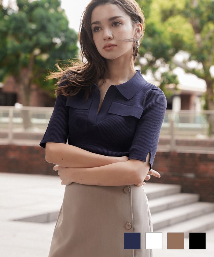 快適 無地 Tシャツ風 ニットポロ 上品 体型カバー 大人女子 夏服 海外系 きれいめ 韓国風 韓国系 スタイル盛れ KINO THE KEI リブニット ポロシャツ KINO THE KEI