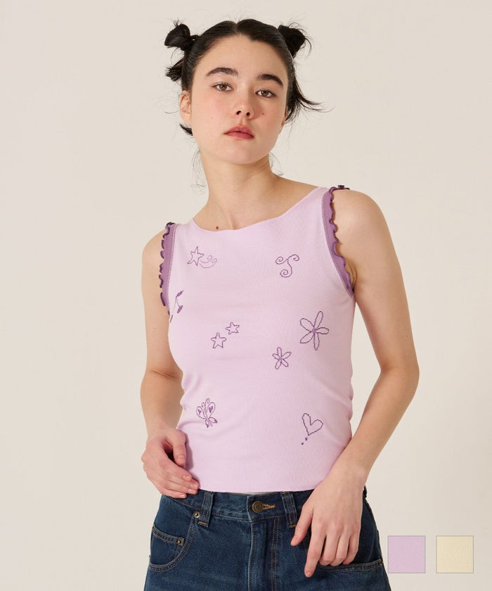 刺繍/バイカラ-/タンクトップ/ノースリーブ