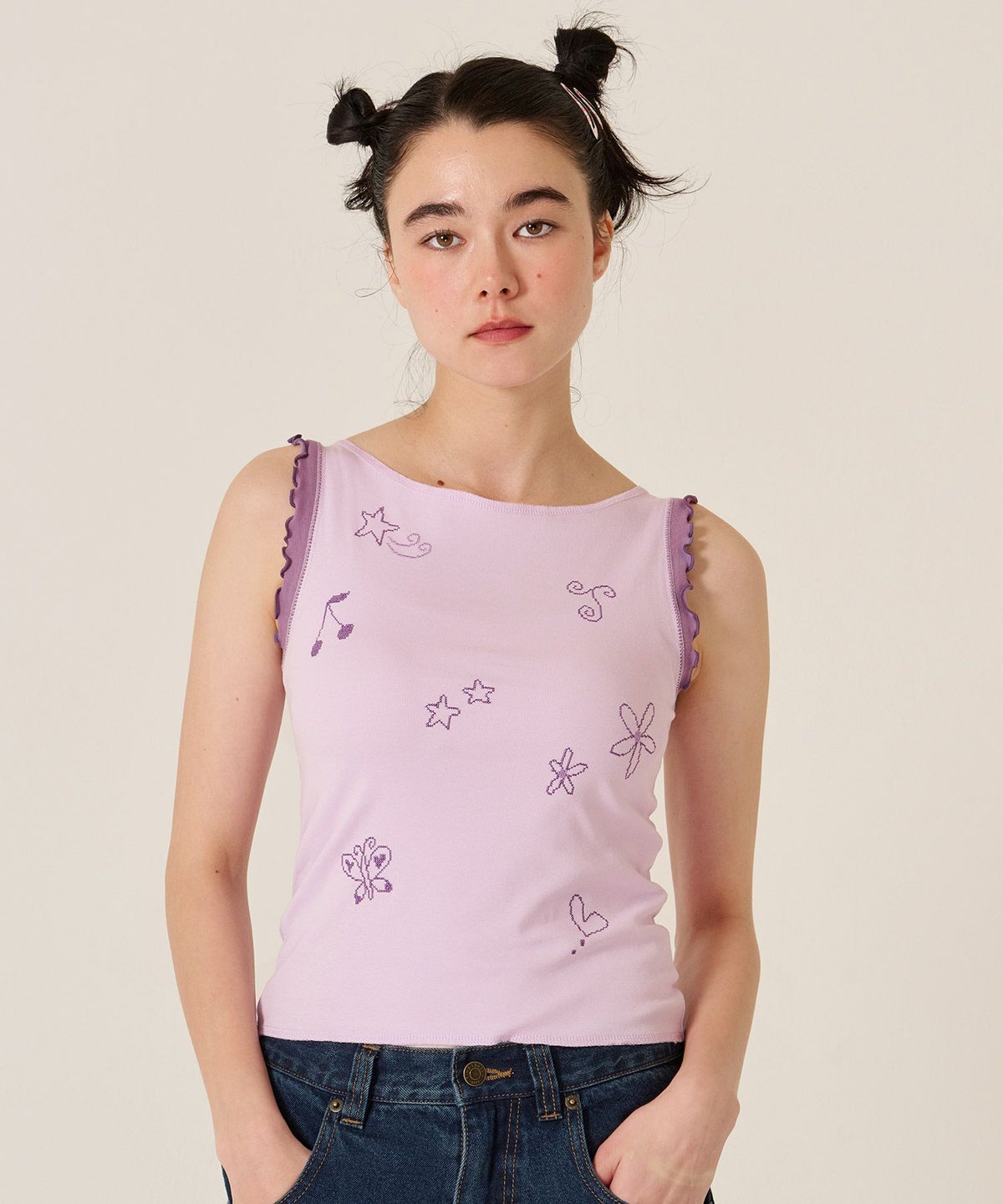 刺繍/バイカラ-/タンクトップ/ノースリーブ