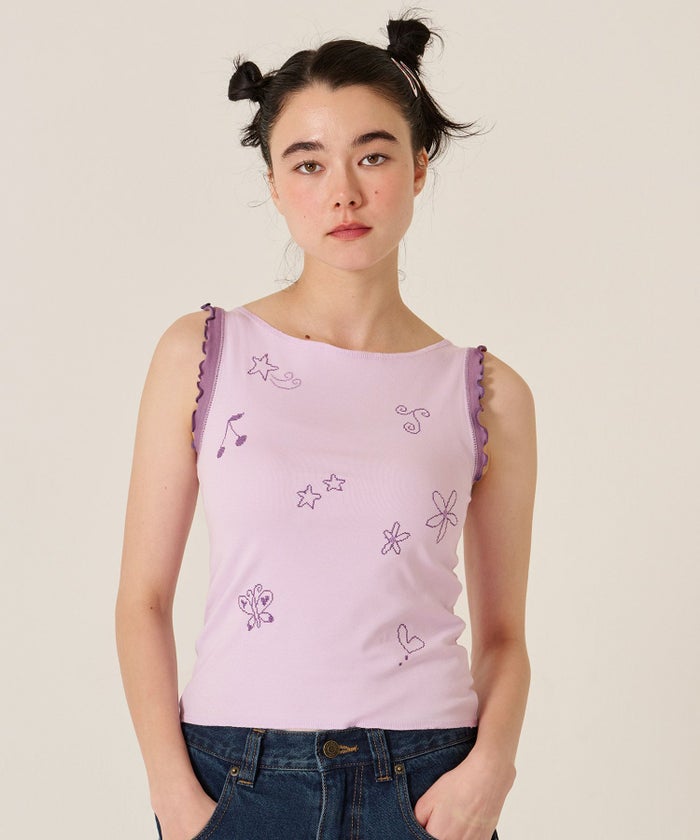 刺繍/バイカラ-/タンクトップ/ノースリーブ