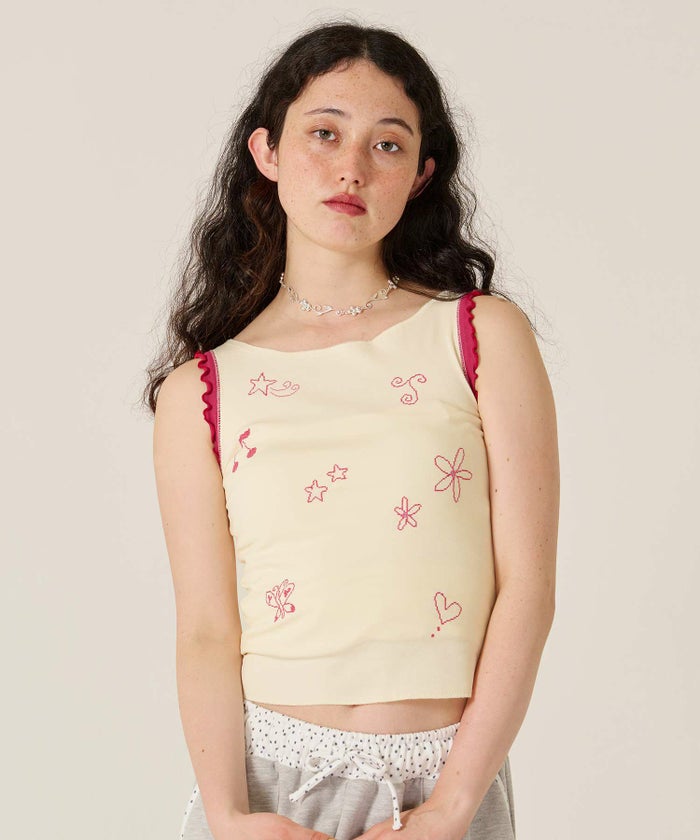 刺繍/バイカラ-/タンクトップ/ノースリーブ