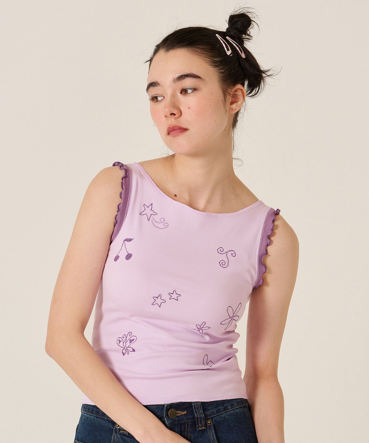 刺繍/バイカラ-/タンクトップ/ノースリーブ