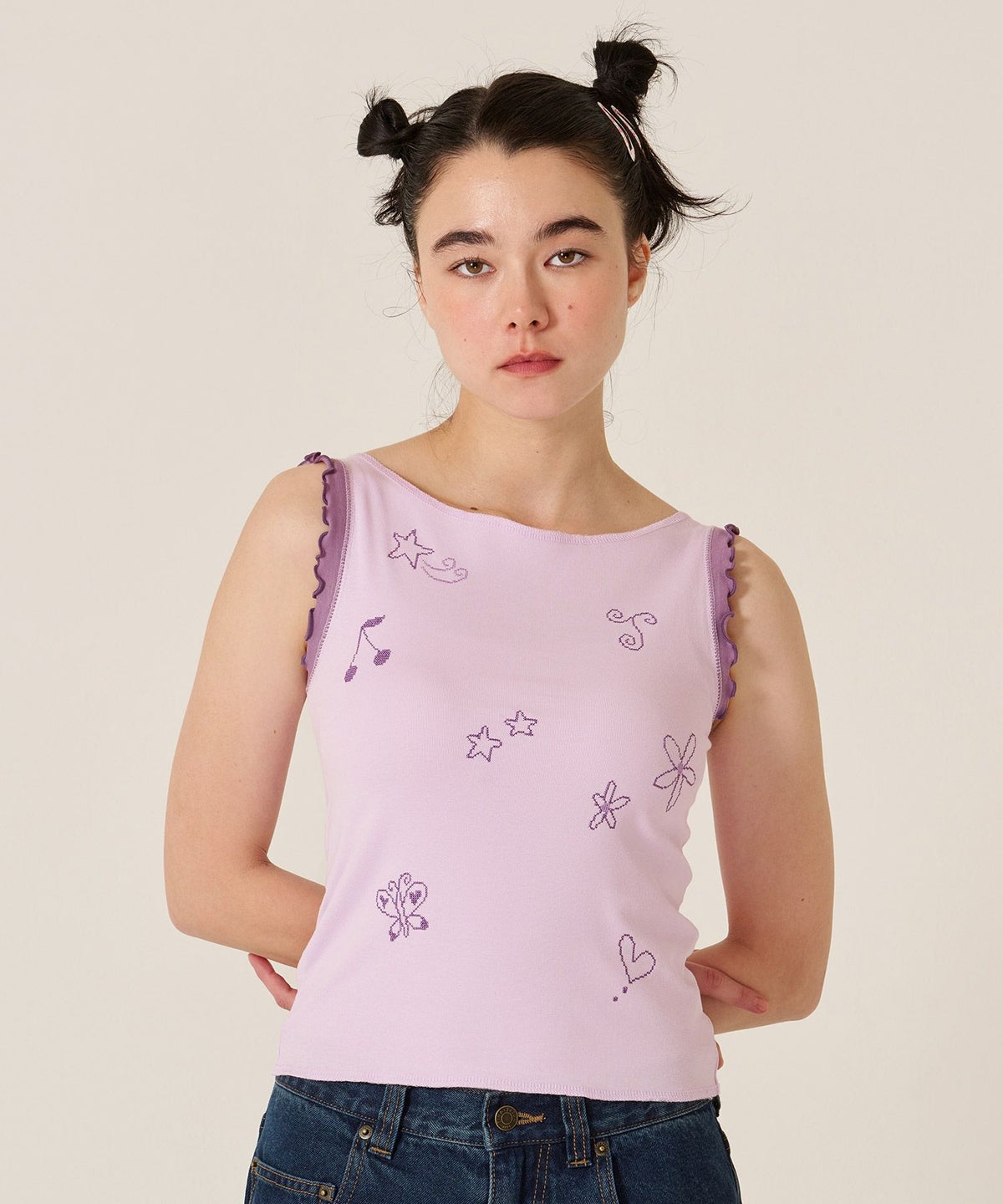 刺繍/バイカラ-/タンクトップ/ノースリーブ