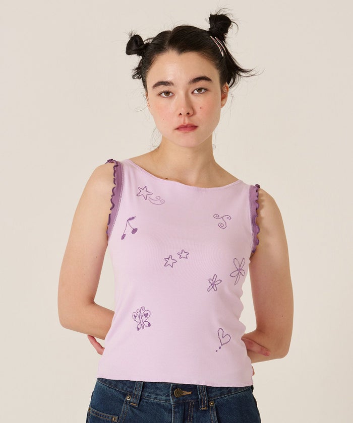 刺繍/バイカラ-/タンクトップ/ノースリーブ