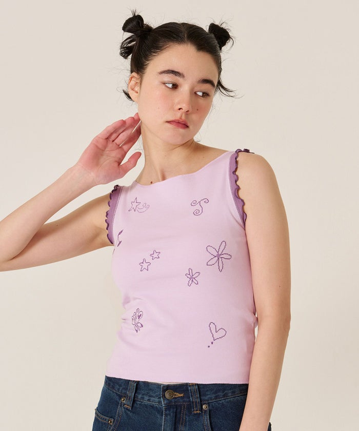 刺繍/バイカラ-/タンクトップ/ノースリーブ