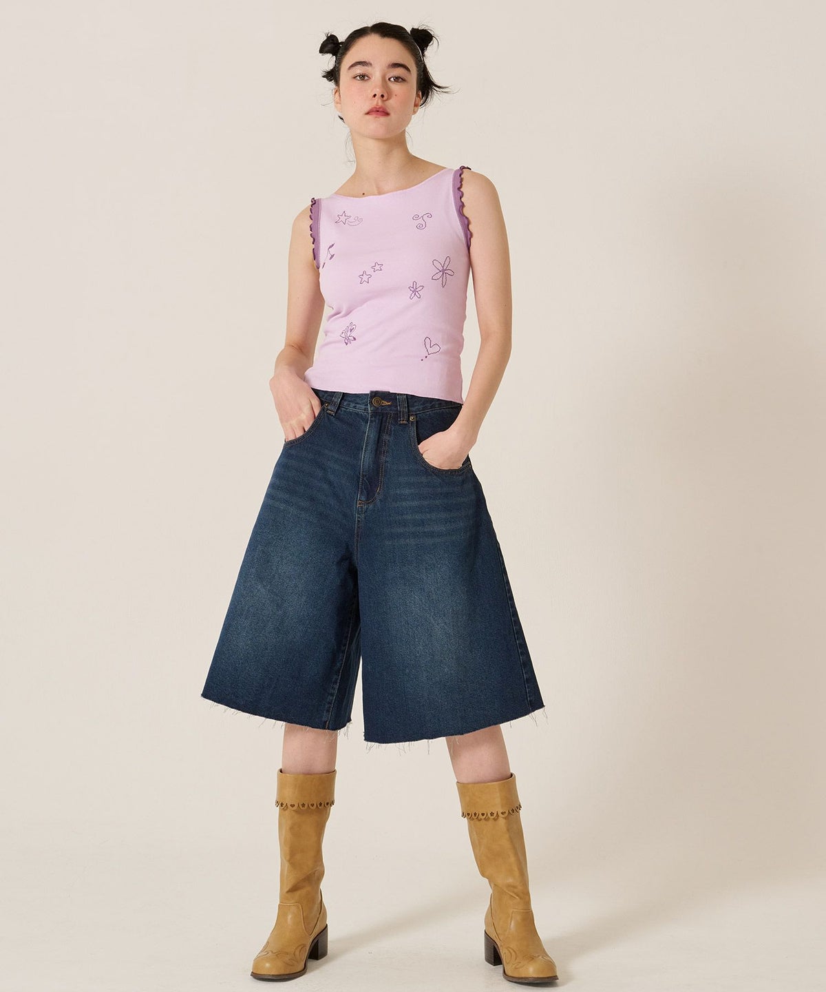 刺繍/バイカラ-/タンクトップ/ノースリーブ