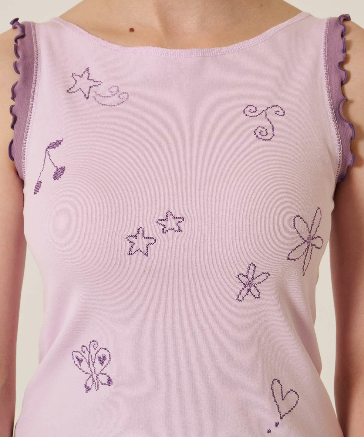 刺繍/バイカラ-/タンクトップ/ノースリーブ