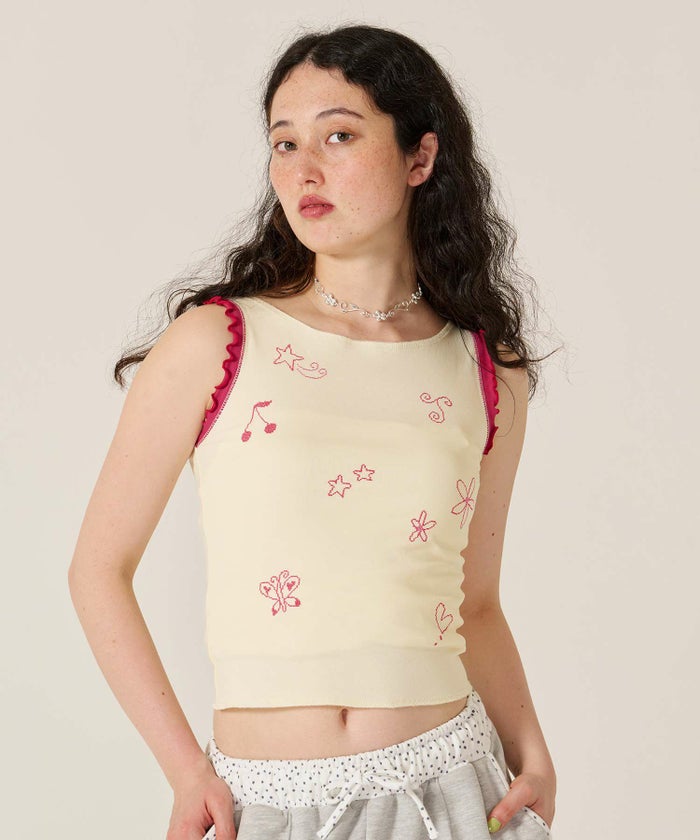 刺繍/バイカラ-/タンクトップ/ノースリーブ