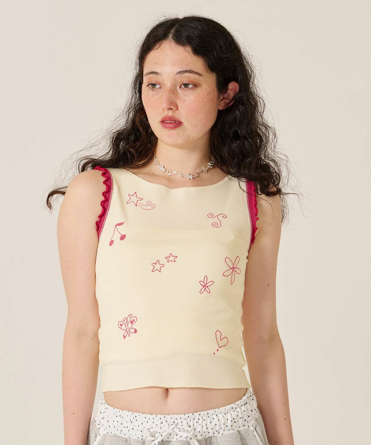 刺繍/バイカラ-/タンクトップ/ノースリーブ