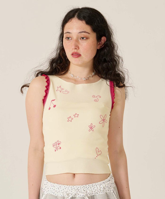 刺繍/バイカラ-/タンクトップ/ノースリーブ