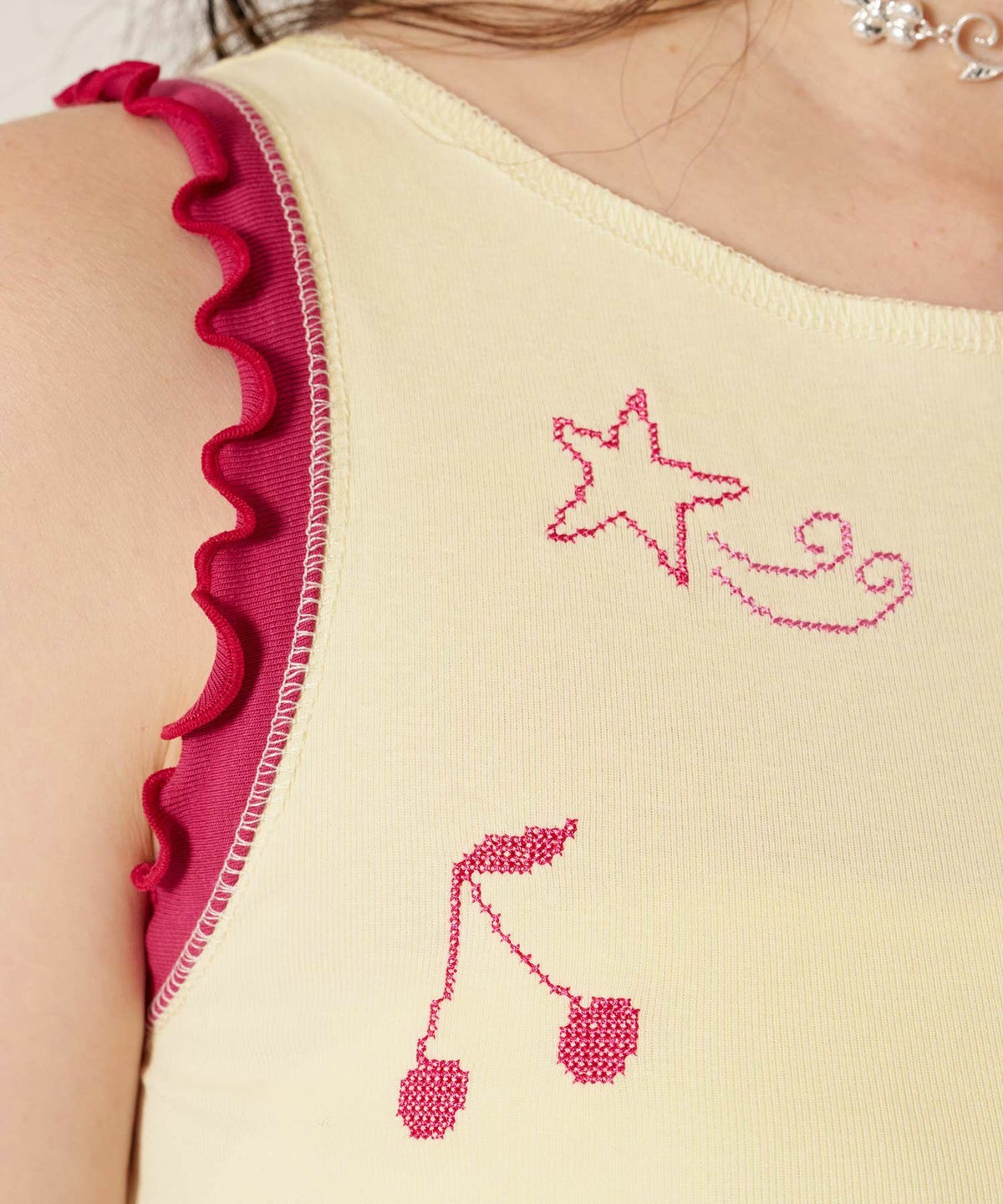 刺繍/バイカラ-/タンクトップ/ノースリーブ