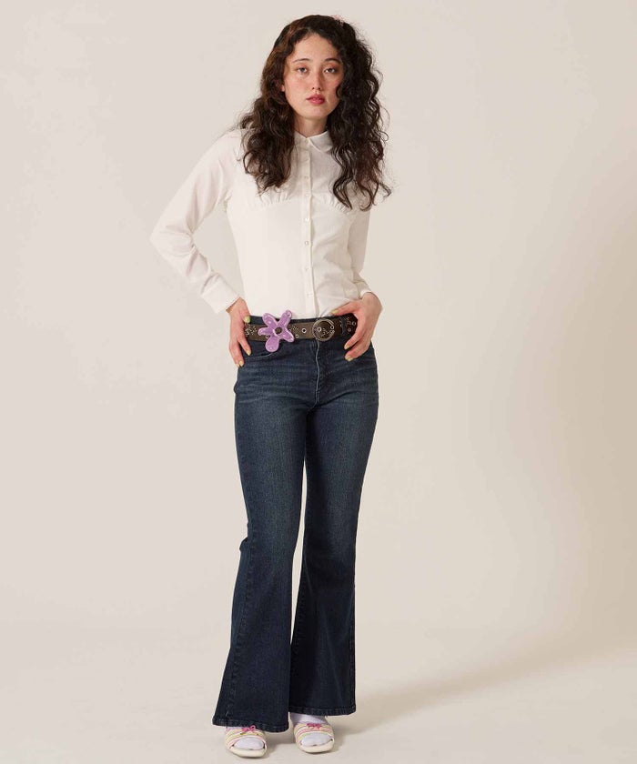 フレア/デニム/ブーツカット/フラワー スタッズ フレア デニムパンツ TINA：JOJUN