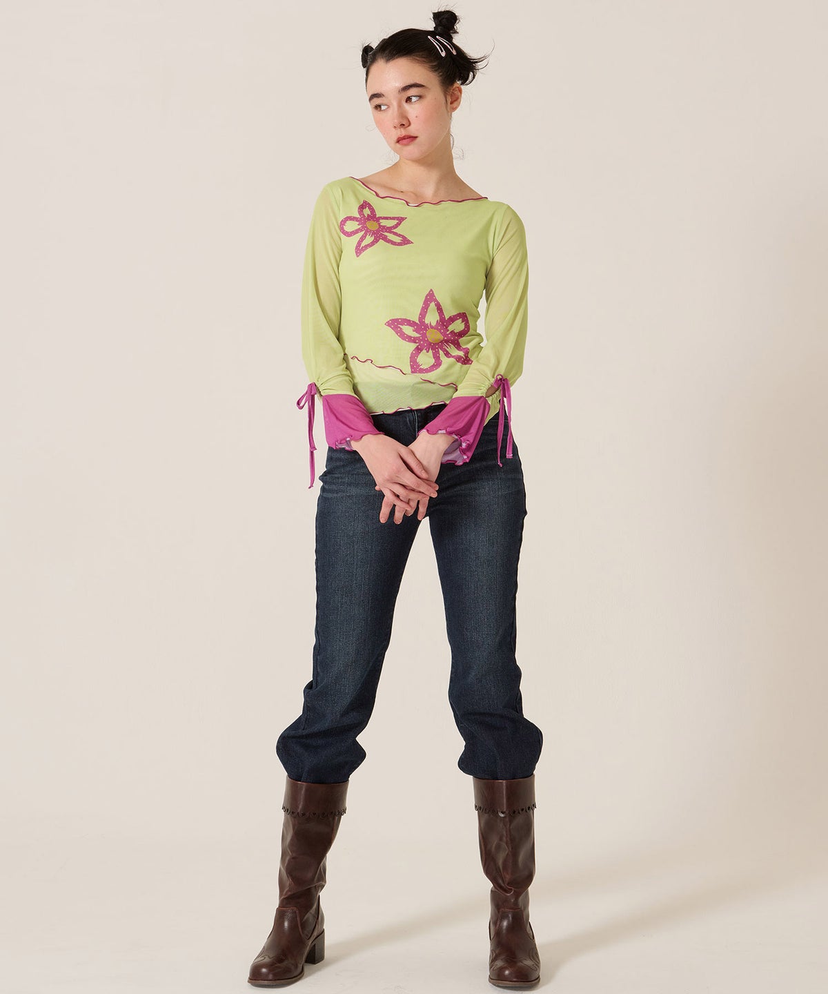 フレア/デニム/ブーツカット/フラワー スタッズ フレア デニムパンツ TINA：JOJUN