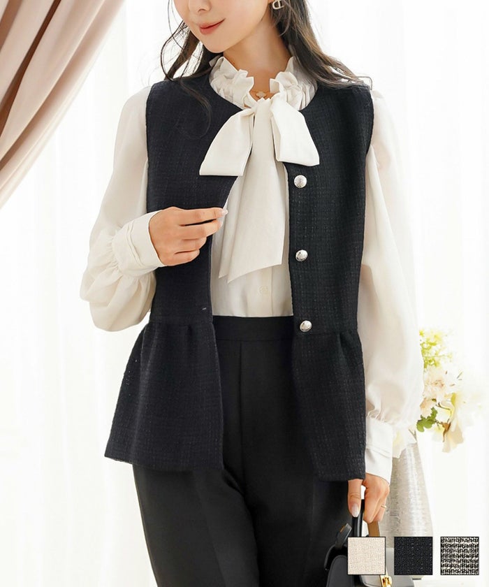 ジャケット ジレ ツイード ボタン エンブレム ミックス モノトーン 上品 エレガント フェミニン 可愛い 大人 きれいめ オケージョン 授業参観 学校行事 お宮参り 切替 フレア ツイード ジレ le reve vaniller