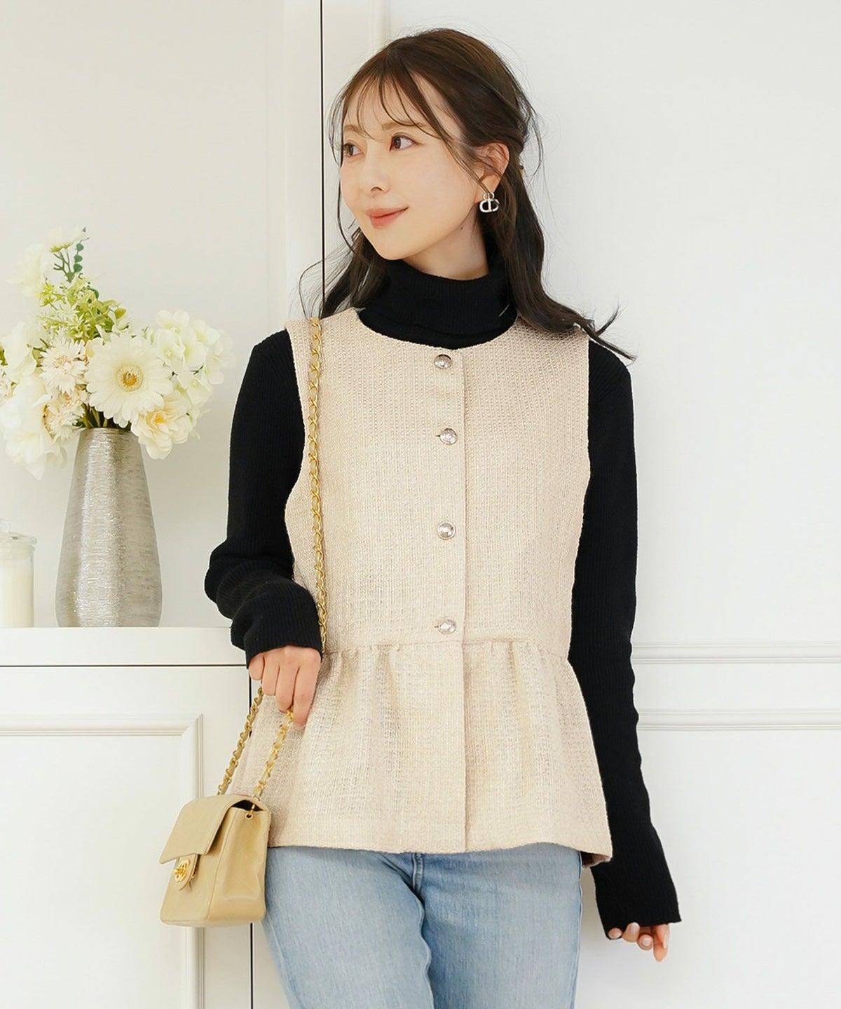 ジャケット ジレ ツイード ボタン エンブレム ミックス モノトーン 上品 エレガント フェミニン 可愛い 大人 きれいめ オケージョン 授業参観 学校行事 お宮参り