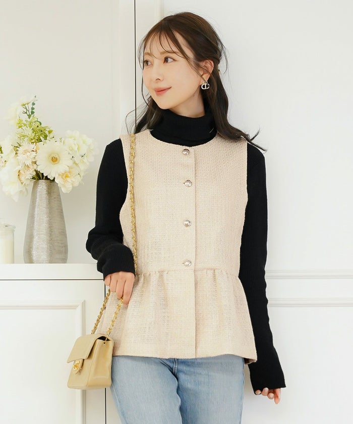 ジャケット ジレ ツイード ボタン エンブレム ミックス モノトーン 上品 エレガント フェミニン 可愛い 大人 きれいめ オケージョン 授業参観 学校行事 お宮参り