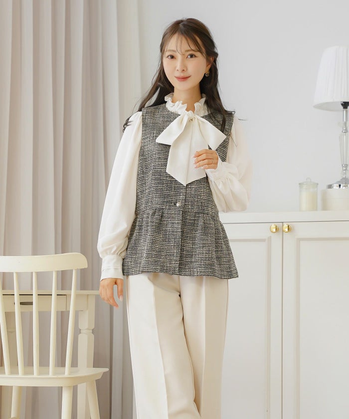 ジャケット ジレ ツイード ボタン エンブレム ミックス モノトーン 上品 エレガント フェミニン 可愛い 大人 きれいめ オケージョン 授業参観 学校行事 お宮参り