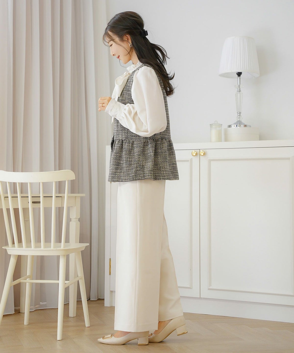 ジャケット ジレ ツイード ボタン エンブレム ミックス モノトーン 上品 エレガント フェミニン 可愛い 大人 きれいめ オケージョン 授業参観 学校行事 お宮参り