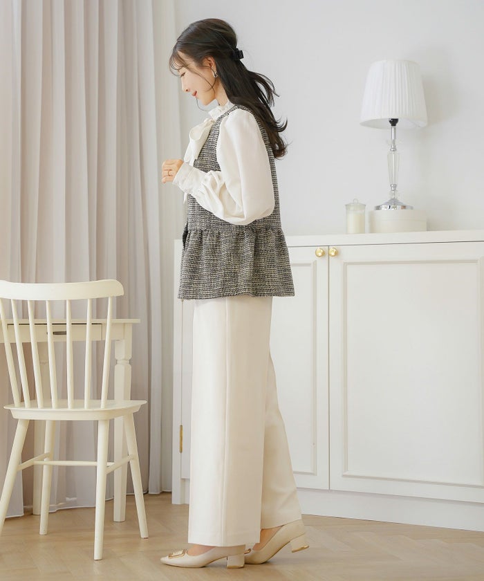 ジャケット ジレ ツイード ボタン エンブレム ミックス モノトーン 上品 エレガント フェミニン 可愛い 大人 きれいめ オケージョン 授業参観 学校行事 お宮参り