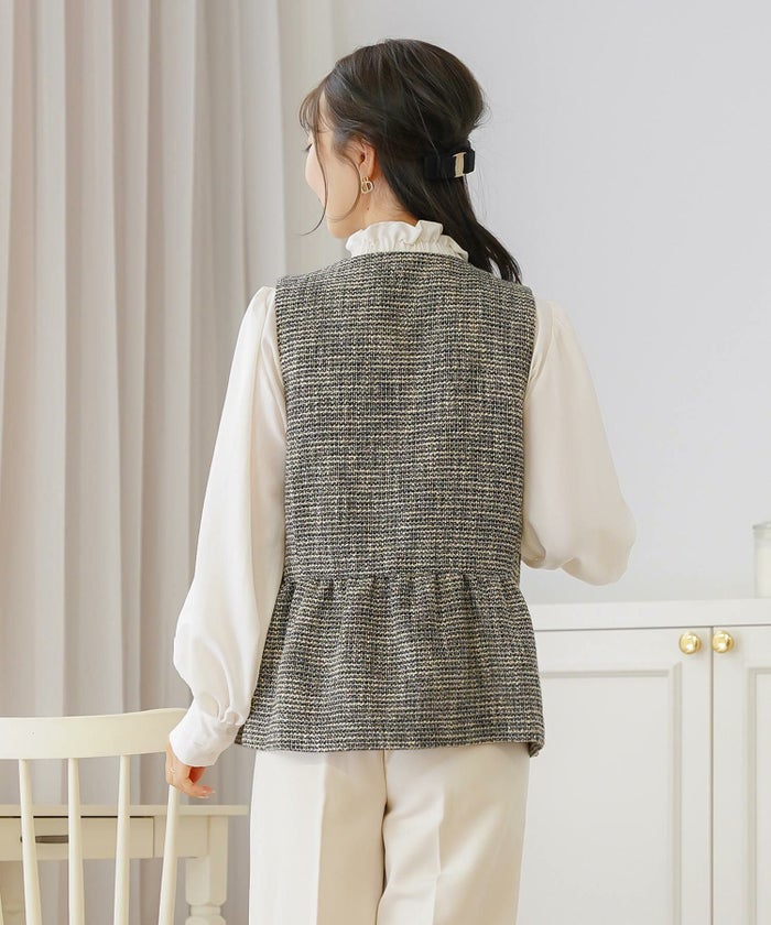 ジャケット ジレ ツイード ボタン エンブレム ミックス モノトーン 上品 エレガント フェミニン 可愛い 大人 きれいめ オケージョン 授業参観 学校行事 お宮参り