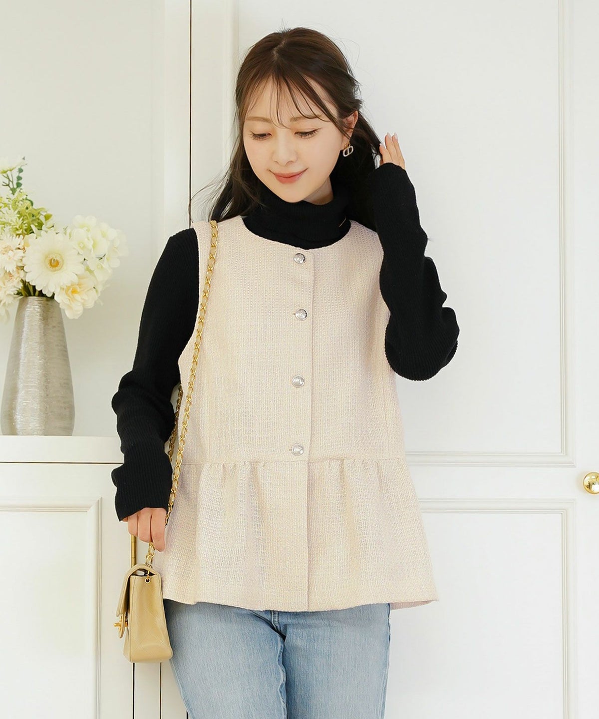 ジャケット ジレ ツイード ボタン エンブレム ミックス モノトーン 上品 エレガント フェミニン 可愛い 大人 きれいめ オケージョン 授業参観 学校行事 お宮参り