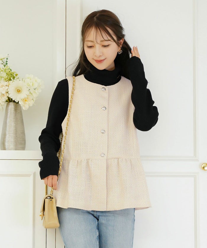 ジャケット ジレ ツイード ボタン エンブレム ミックス モノトーン 上品 エレガント フェミニン 可愛い 大人 きれいめ オケージョン 授業参観 学校行事 お宮参り