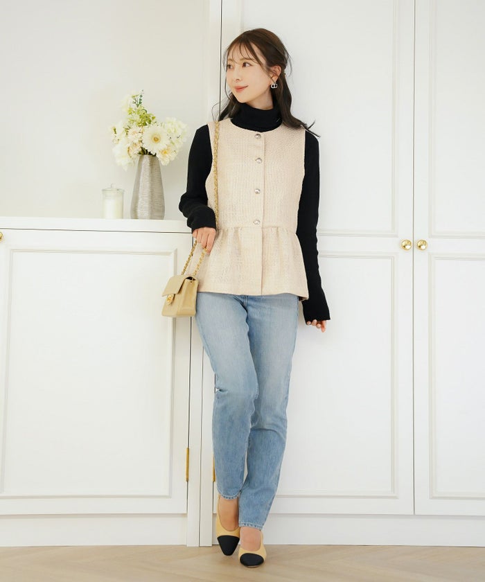 ジャケット ジレ ツイード ボタン エンブレム ミックス モノトーン 上品 エレガント フェミニン 可愛い 大人 きれいめ オケージョン 授業参観 学校行事 お宮参り