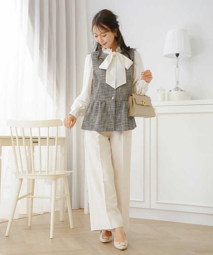 ジャケット ジレ ツイード ボタン エンブレム ミックス モノトーン 上品 エレガント フェミニン 可愛い 大人 きれいめ オケージョン 授業参観 学校行事 お宮参り