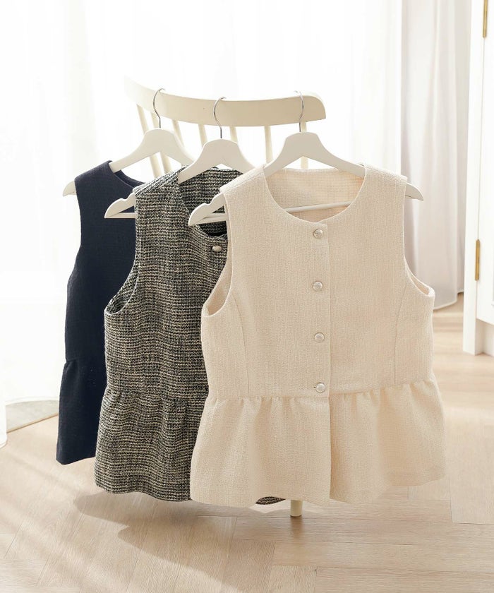 ジャケット ジレ ツイード ボタン エンブレム ミックス モノトーン 上品 エレガント フェミニン 可愛い 大人 きれいめ オケージョン 授業参観 学校行事 お宮参り