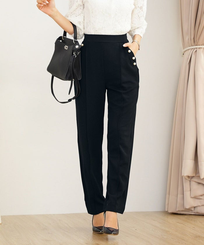 ボトムス パール 大粒 上品 テーパードパンツ ポケット ピンタック エレガント きれいめ オケージョン セットアップ 授業参観 学校行事 親子行事