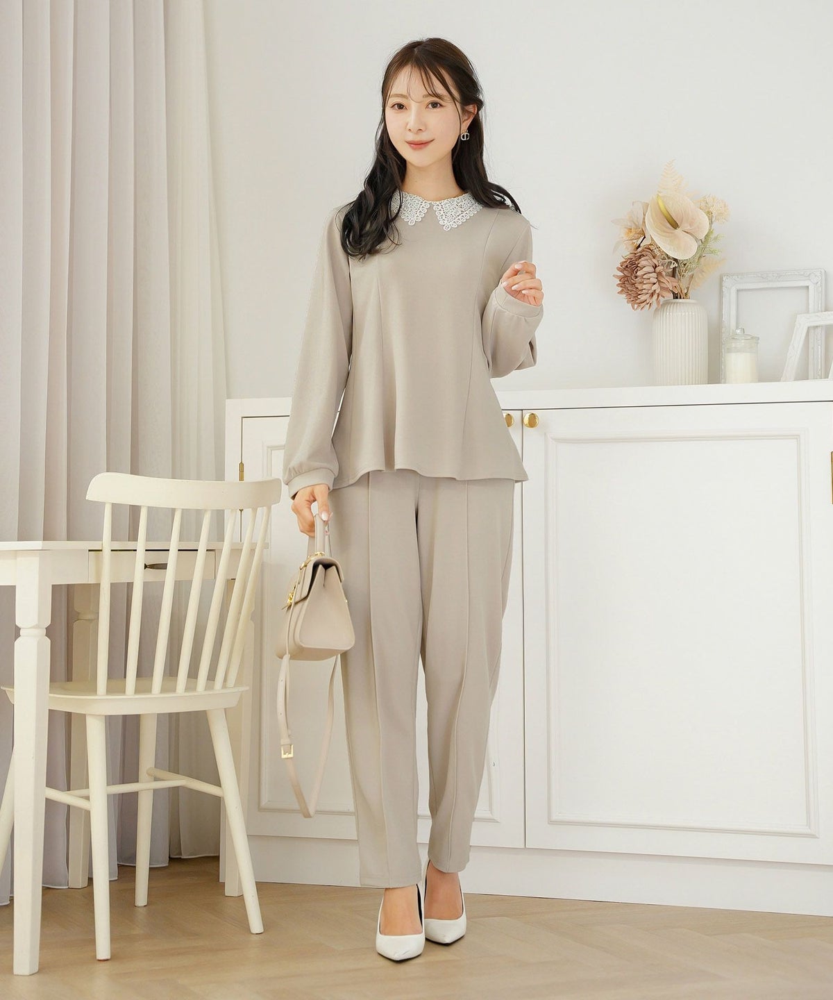 ボトムス パール 大粒 上品 テーパードパンツ ポケット ピンタック エレガント きれいめ オケージョン セットアップ 授業参観 学校行事 親子行事