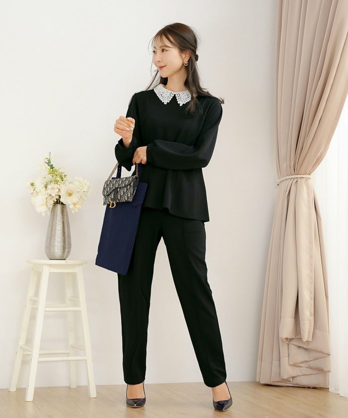 ボトムス パール 大粒 上品 テーパードパンツ ポケット ピンタック エレガント きれいめ オケージョン セットアップ 授業参観 学校行事 親子行事