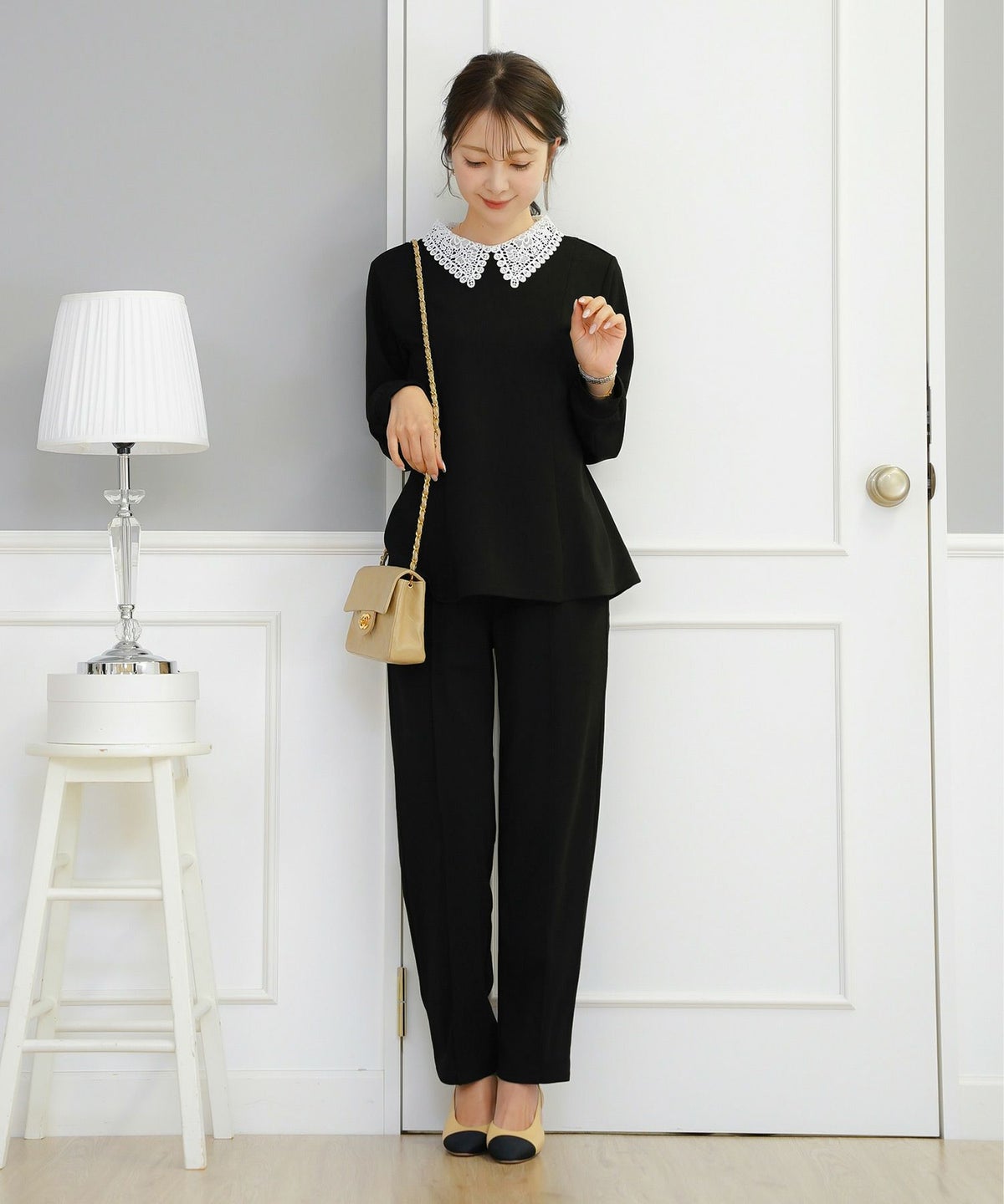 ボトムス パール 大粒 上品 テーパードパンツ ポケット ピンタック エレガント きれいめ オケージョン セットアップ 授業参観 学校行事 親子行事