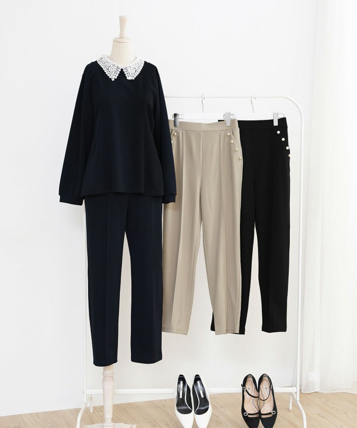 ボトムス パール 大粒 上品 テーパードパンツ ポケット ピンタック エレガント きれいめ オケージョン セットアップ 授業参観 学校行事 親子行事