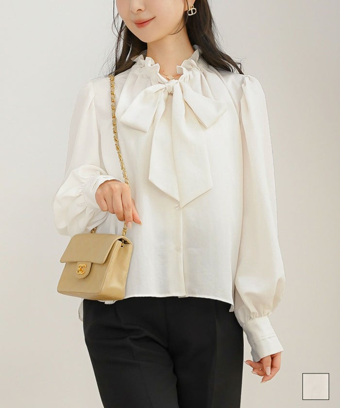 トップス ブラウス フリル ボウタイ 長袖 タック 前開き ホワイト フェミニン エレガント 上品 きれいめ ボウタイ フリル ネック ブラウス le reve vaniller
