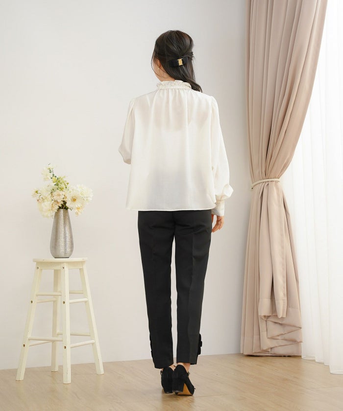 トップス ブラウス フリル ボウタイ 長袖 タック 前開き ホワイト フェミニン エレガント 上品 きれいめ