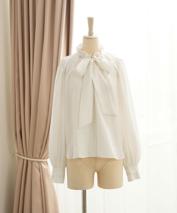 トップス ブラウス フリル ボウタイ 長袖 タック 前開き ホワイト フェミニン エレガント 上品 きれいめ