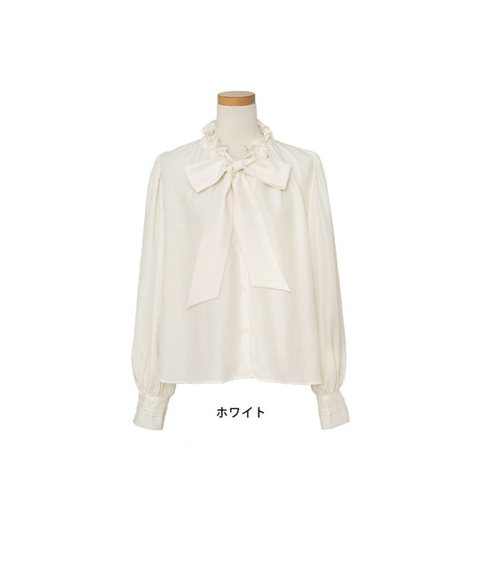 トップス ブラウス フリル ボウタイ 長袖 タック 前開き ホワイト フェミニン エレガント 上品 きれいめ