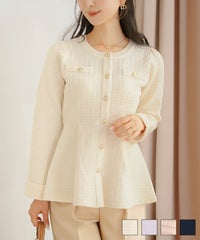 ペプラム ニット ジャケット ノーカラー クルーネック セレモニー 入卒 授業参観 式 きれいめ 上品 シンプル ストレッチ オケージョン 入園 卒業 エレガント アイボリー ピンク ネイビー アソート柄 ツイード 春 秋 冬 ツイード ニット ペプラム トップス le reve vaniller