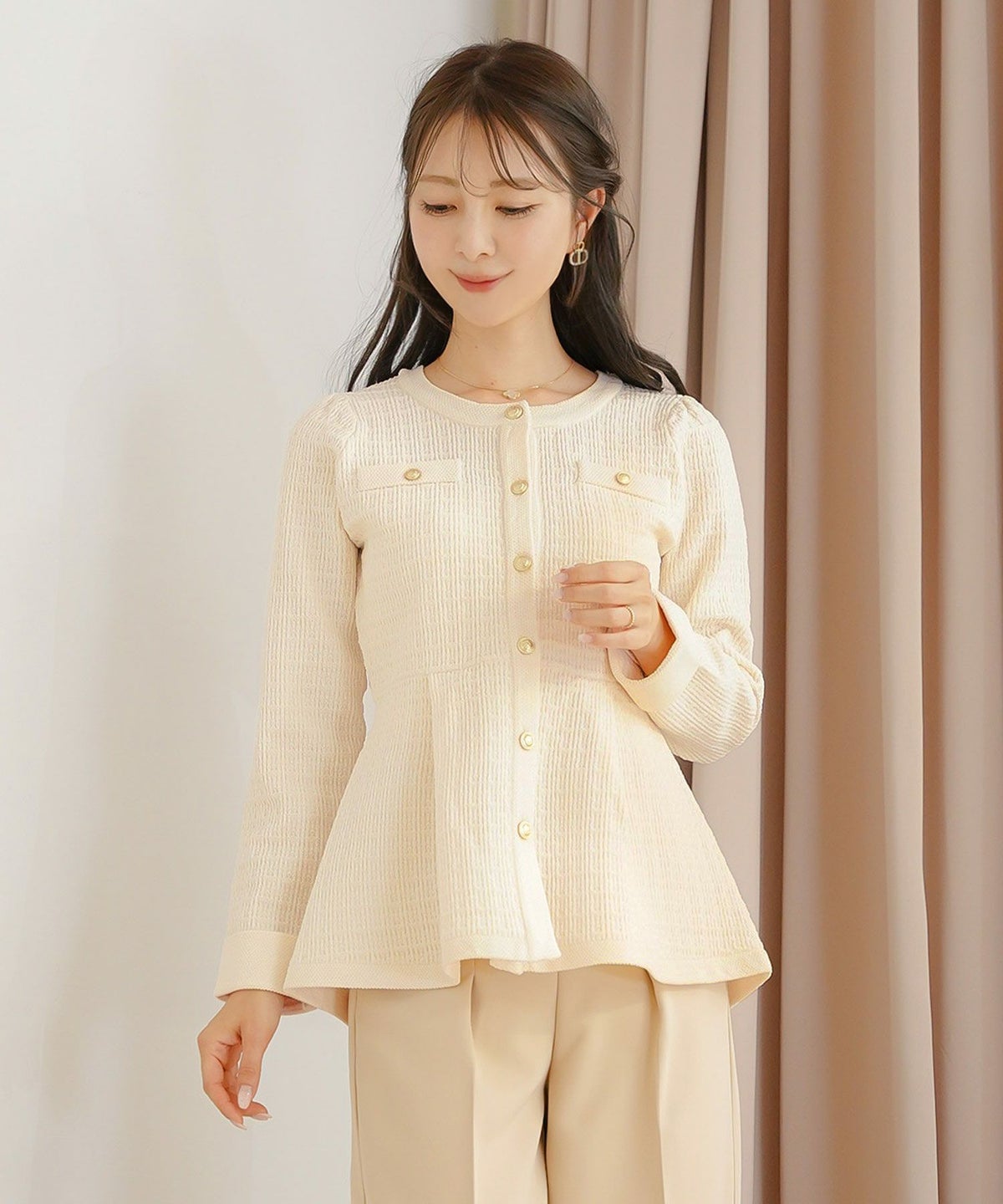 レディース ペプラム ニット ジャケット ノーカラー クルーネック セレモニー 入卒 授業参観 式 きれいめ 上品 シンプル ストレッチ オケージョン 入園 卒業 エレガント アイボリー ピンク ネイビー アソート柄 ツイード 春 秋 冬