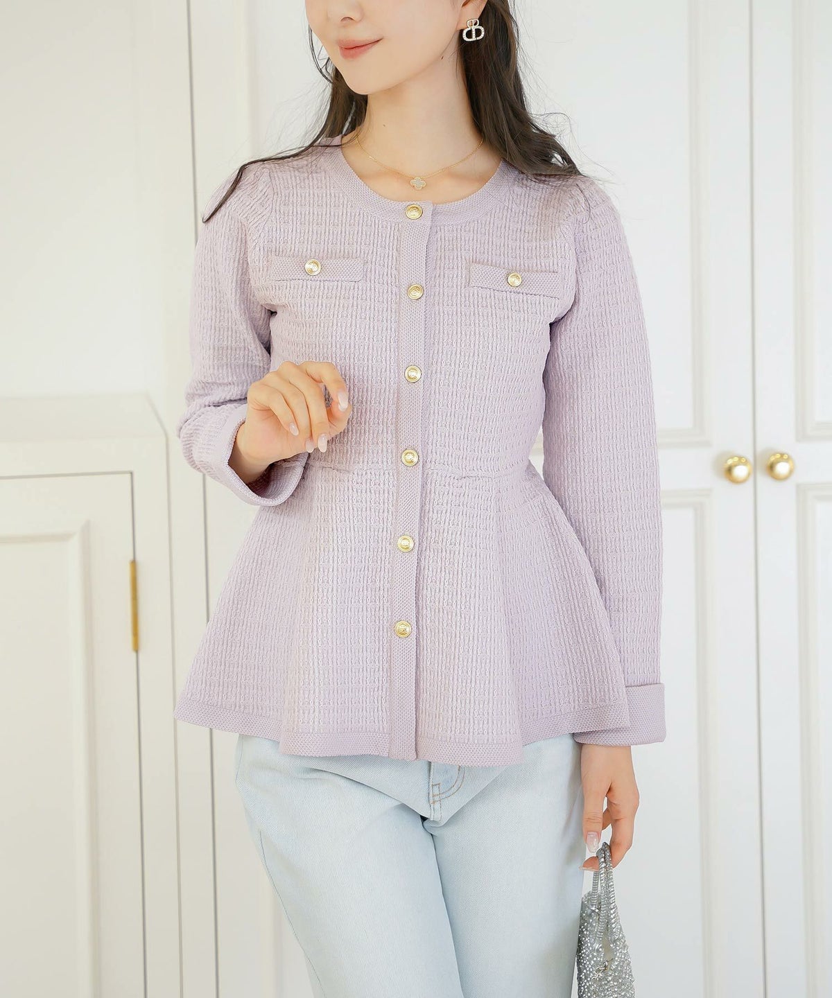 レディース ペプラム ニット ジャケット ノーカラー クルーネック セレモニー 入卒 授業参観 式 きれいめ 上品 シンプル ストレッチ オケージョン 入園 卒業 エレガント アイボリー ピンク ネイビー アソート柄 ツイード 春 秋 冬